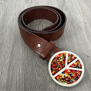 Vtg Bergamot Enamel Pewter Red White Blue Yellow Swirl Peace Sign Buckle & Belt